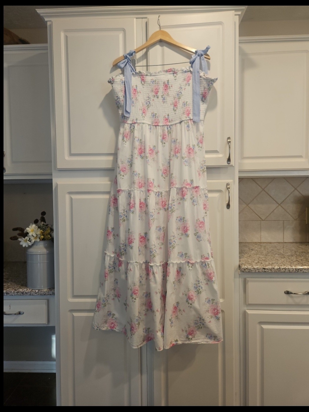 Arula Gemma Dress Ivory Multi 2X Floral Smocked Tie Strap Tiered Romantic Midi
